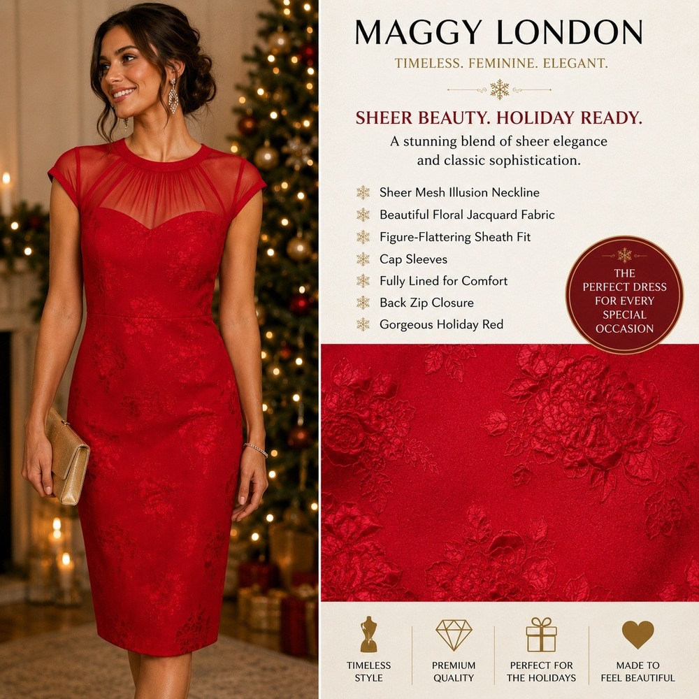 Maggy London Red Floral Jacquard Sheath Dress Sheer Mesh Neckline Size 14